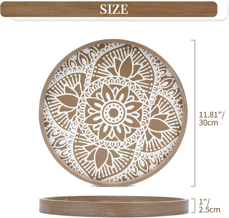 Hanobe Round Decorative Tray for Centerpiece: Boho Coffee Table Trays for Home Decor - Farmhouse Wood Serving Platter Rustic Circle Bohemian for Kitchen Counter Women - Image 5